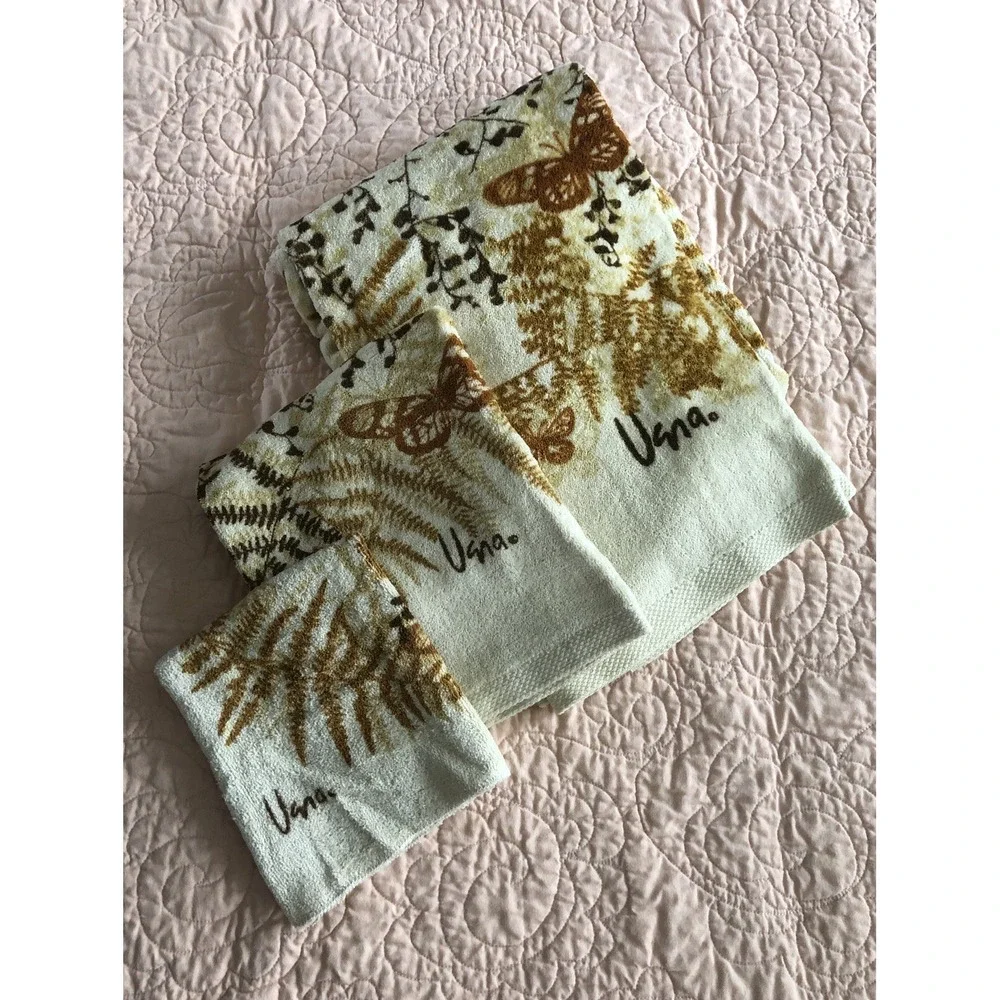 Vtg Vera Burlington Towel Set 3 Pcs Ivory Cotton Butterfly Floral Bath Hand Face